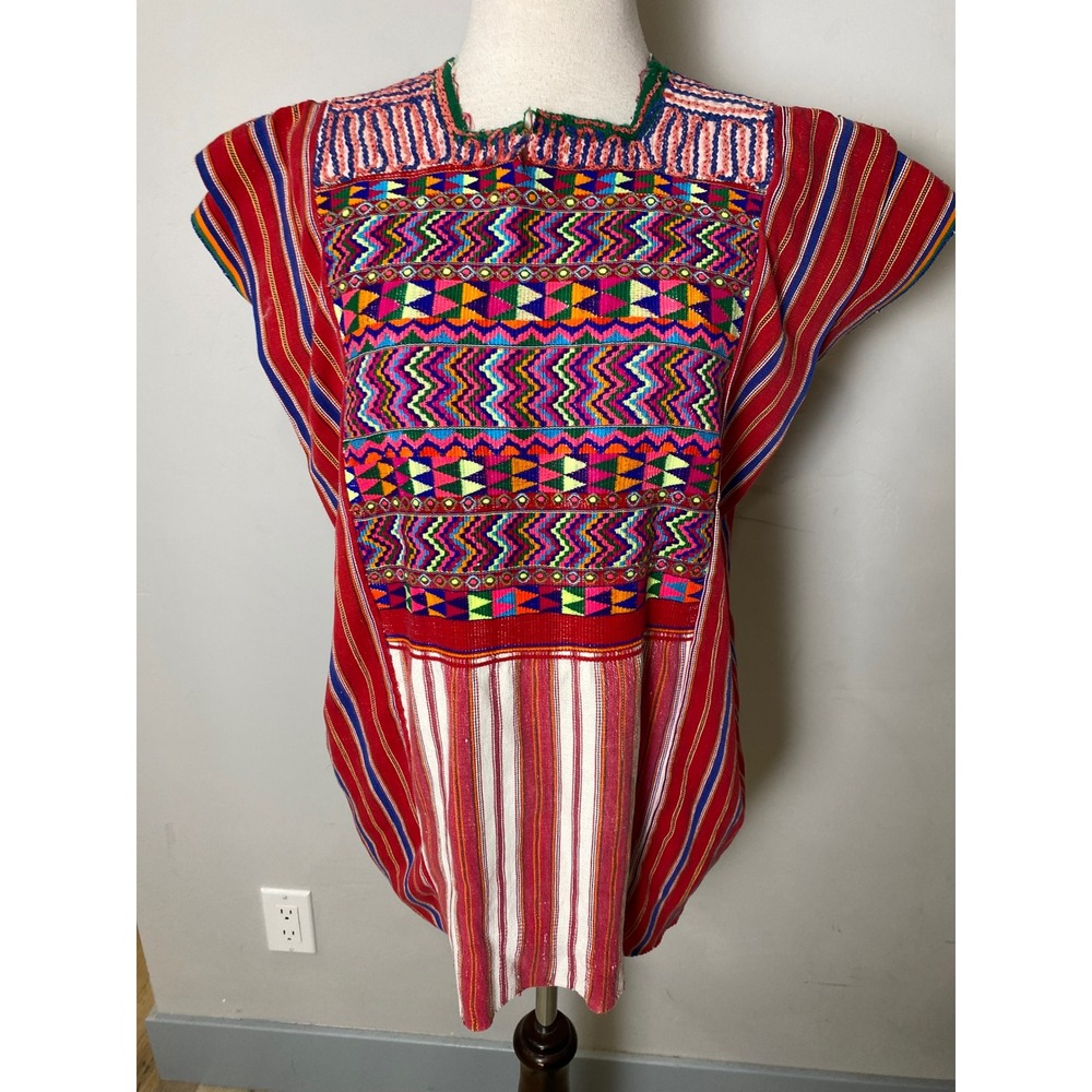 Vintage Guatemalan Huipil Hand Embroidered Mayan Tunic Boho Hippie Red Multi